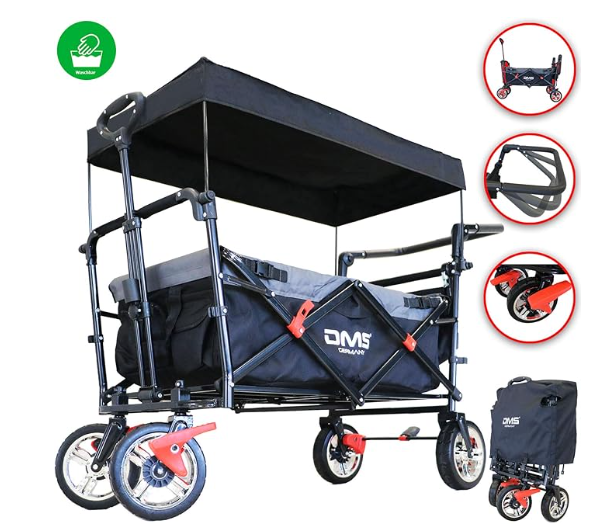 DMS Faltbarer Bollerwagen mit Dach | klappbarer Handwagen/Transportwagen | Vollgummi-Reifen | inkl. Anschallsystem für Kinder | mit Tragetasche und Bremssystemen